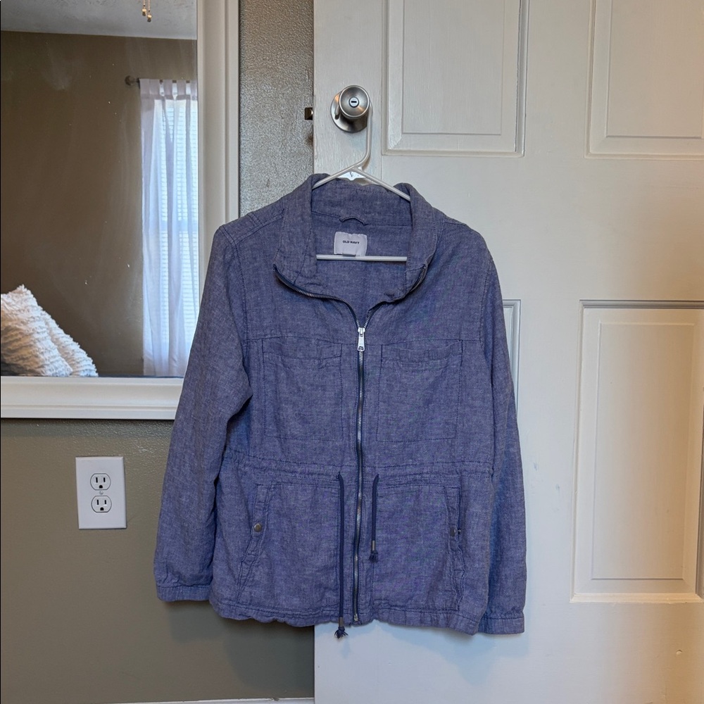 Old Navy Heathered Blue Hooded Zip-Front Rain Jacket